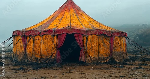 Vibrant circus tent on a foggy beach, inviting exploration amidst a mysterious atmosphere