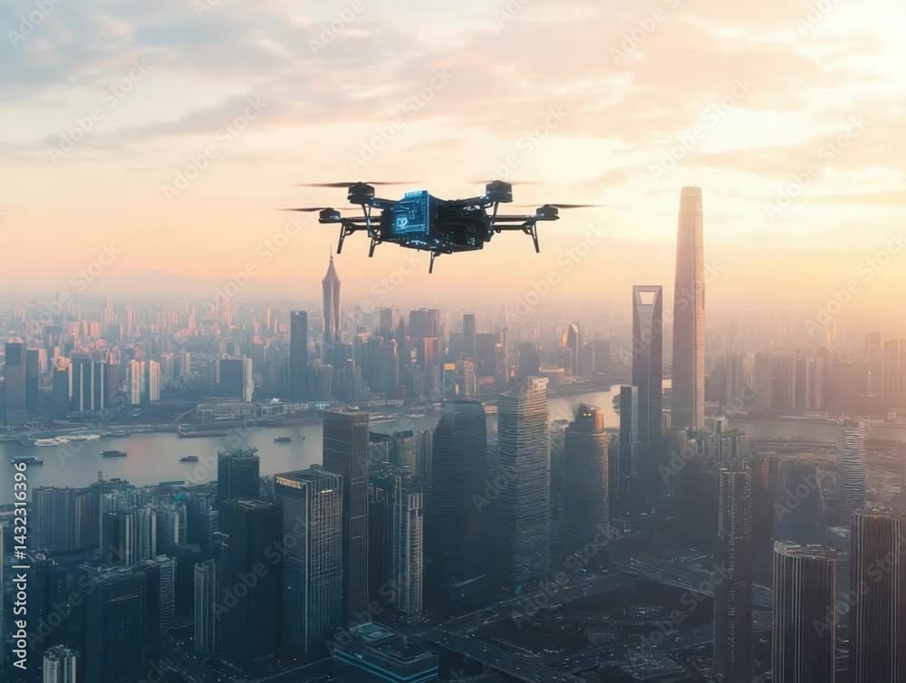 Drone Delivery with Shanghai Skyline. Drone Delivery with Shanghai Skyline.