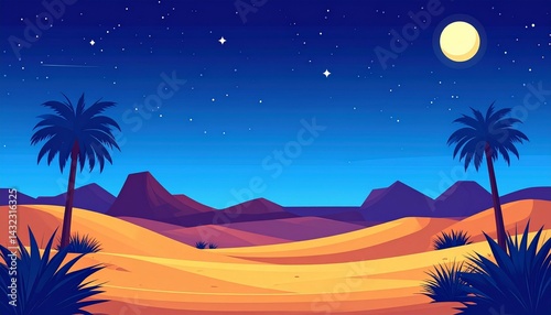 night landscape clear sky at desert with flat art illustration