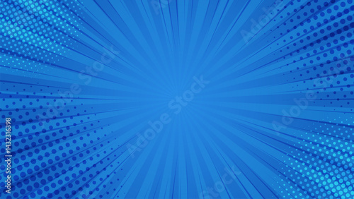 Blank comic abstract blue background. Bright blue rays vector background. Comic book pop art strip radial backdrop