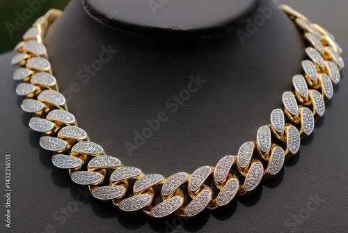 Diamond and Gold Cuban Link Chain Necklace on Black Display Stand
