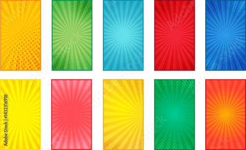 Blank comic book halftone background. Set of comic colorful vertical banners composition. Colorful comic pop art background retro halftone burst collection. Use for comic, manga, anime concept