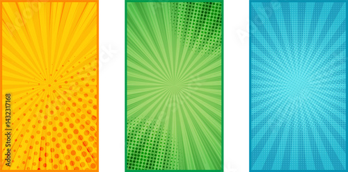 Colorful Comic Pop Art Background Set. Retro Halftone Burst Collection