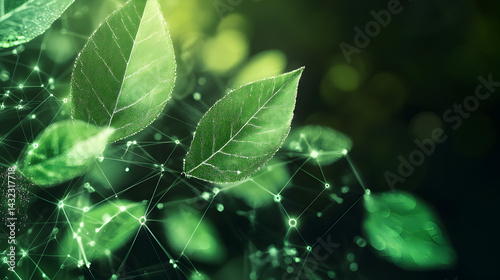 4. Abstract digital network with green leaves, representing technology and nature.