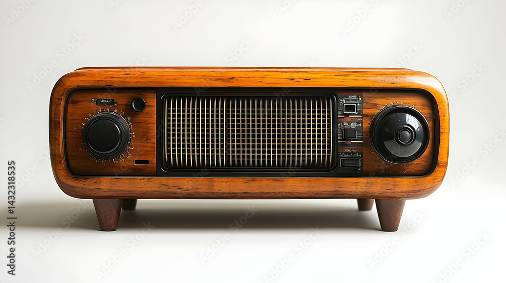 Fototapeta premium Retro Wooden Radio with Black Grille and Knobs on White Backgrou