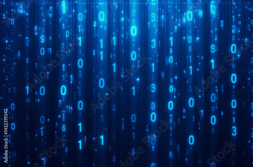 Blue digital numbers and symbols cascade down against a dark backdrop, creating a matrix-like rain effect. This abstract image evokes a sense of data streams and technological flow.