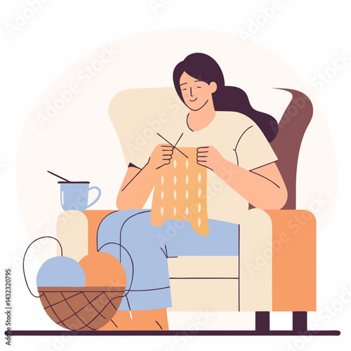 Relaxing Knitting Session at Home Cozy Living Room Digital Illustration Peaceful Atmosphere