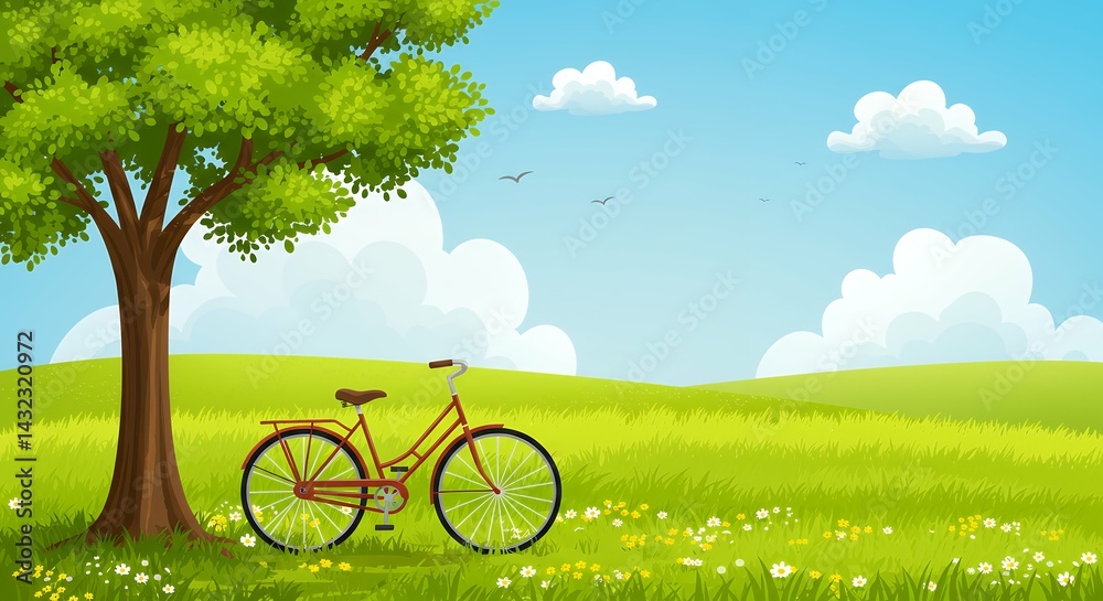 Fototapeta premium graphical springtime landscape tree vintage style bicycle sunny day graphical representation summertime field bicycle under tree springtime summertime suitable promotional visual