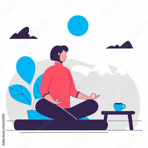 Mindfulness & Relaxation Meditation in Scenic Mountain Digital Illustration