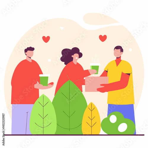 Outdoor Charity Community Volunteers with Supplies in Local Park - Digital Illustration