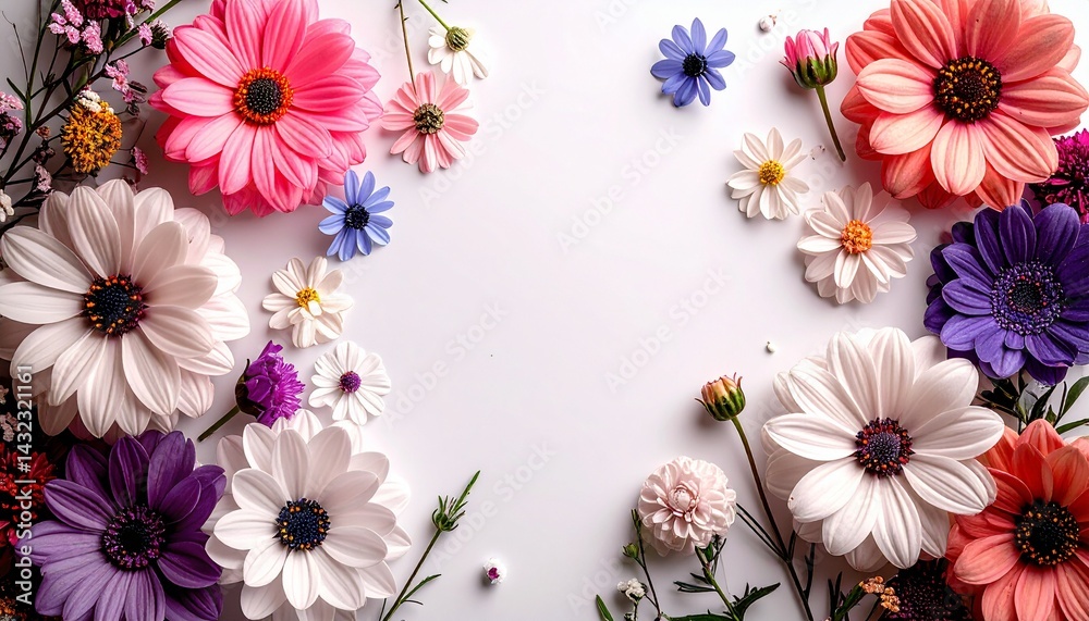 白い背景に花が散りばめられたイラスト 中央は空白 白い背景に花が散りばめられたイラスト 中央は空白