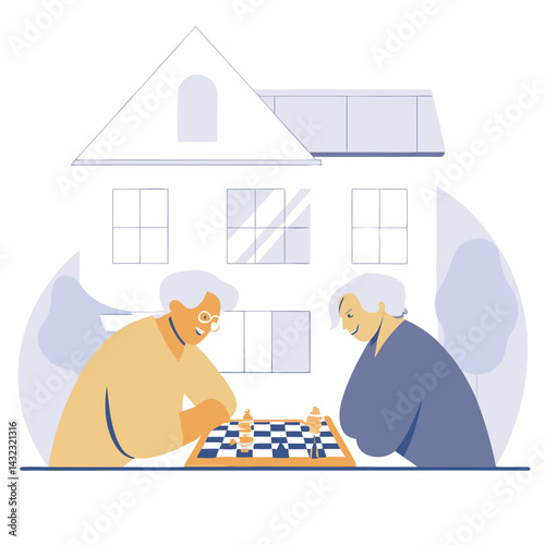 Elderly Couple Playing Chess at Home Leisure Activity Indoor Setting Cozy Environment