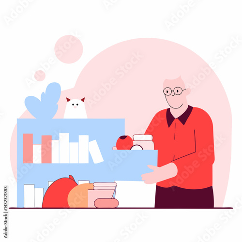 Man Organizing Groceries at Home Kitchen Digital Illustration Cozy Warm Color Palette