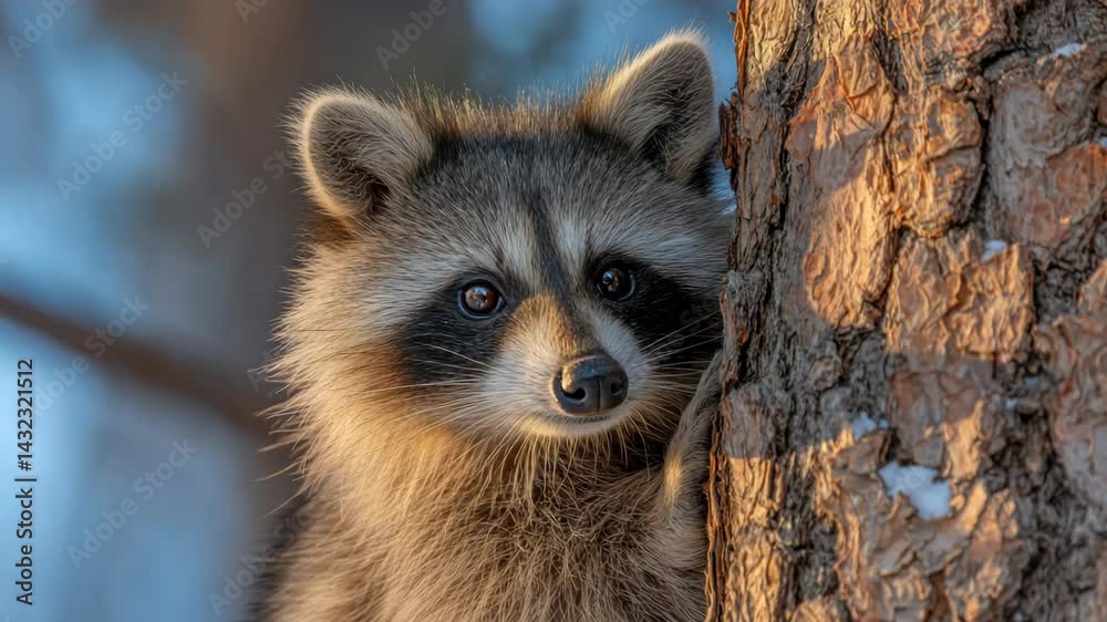 Curious raccoon peers around the side of a textured pine tree, gazing forward with striking dark eyes in a close-up wildlife portrait Curious raccoon peers around the side of a textured pine tree, gazing forward with striking dark eyes in a close-up wildlife portrait