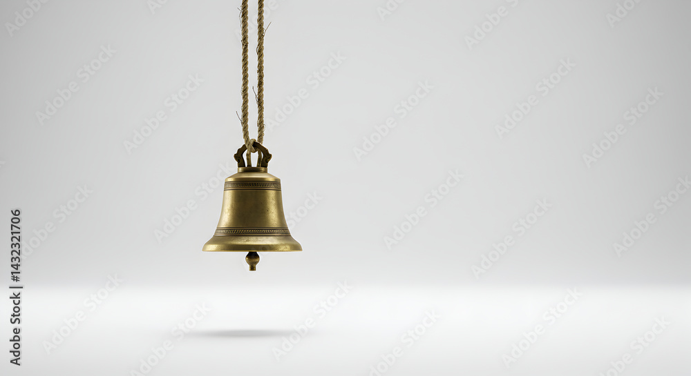 Obraz premium Aged Bronze Bell Hanging By Hemp Rope Against Neutral Backdrop