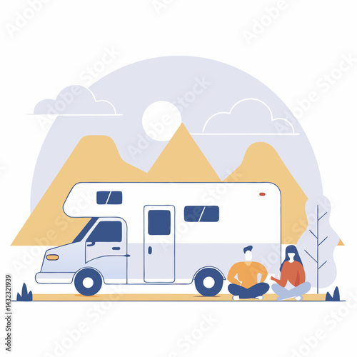 Camping Adventure with RV in Nature Outdoor Exploration Illustration Scenic View Relaxation Concept