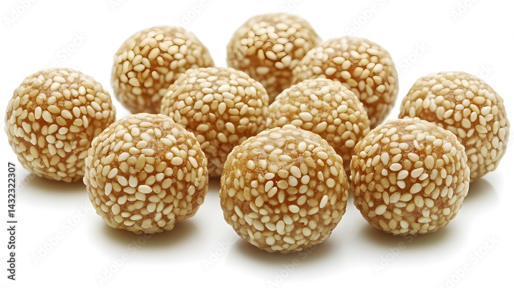 A close-up shot showcases a delightful pile of golden sesame seed balls, perfect for a tempting food photography project or culinary blog. A close-up shot showcases a delightful pile of golden sesame seed balls, perfect for a tempting food photography project or culinary blog.