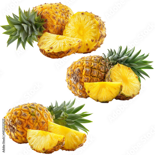 Pineaple with halves, isolated on white background, transparent background, png