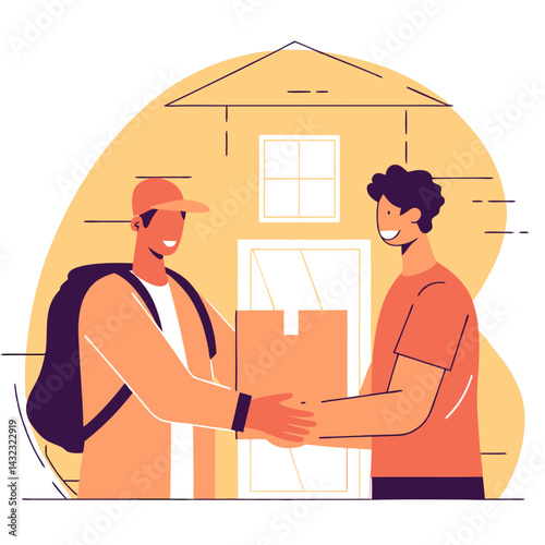Engaging Community Delivery Action Friendly Home Setting Package Handoff Illustration