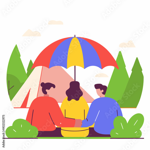Digital Illustration of Friends Relaxing at a Picnic Under an Umbrella in Nature