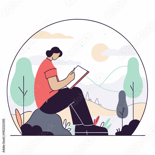 Creative Writing Session in Nature Illustration Peaceful Landscape Artistic Perspective