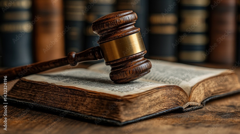 Gavel on Ancient Law Book and Bookshelf Background Gavel on Ancient Law Book and Bookshelf Background