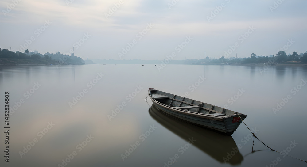 Calm Waters And Boat In A Serene Landscape At Mistic Weather Calm Waters And Boat In A Serene Landscape At Mistic Weather