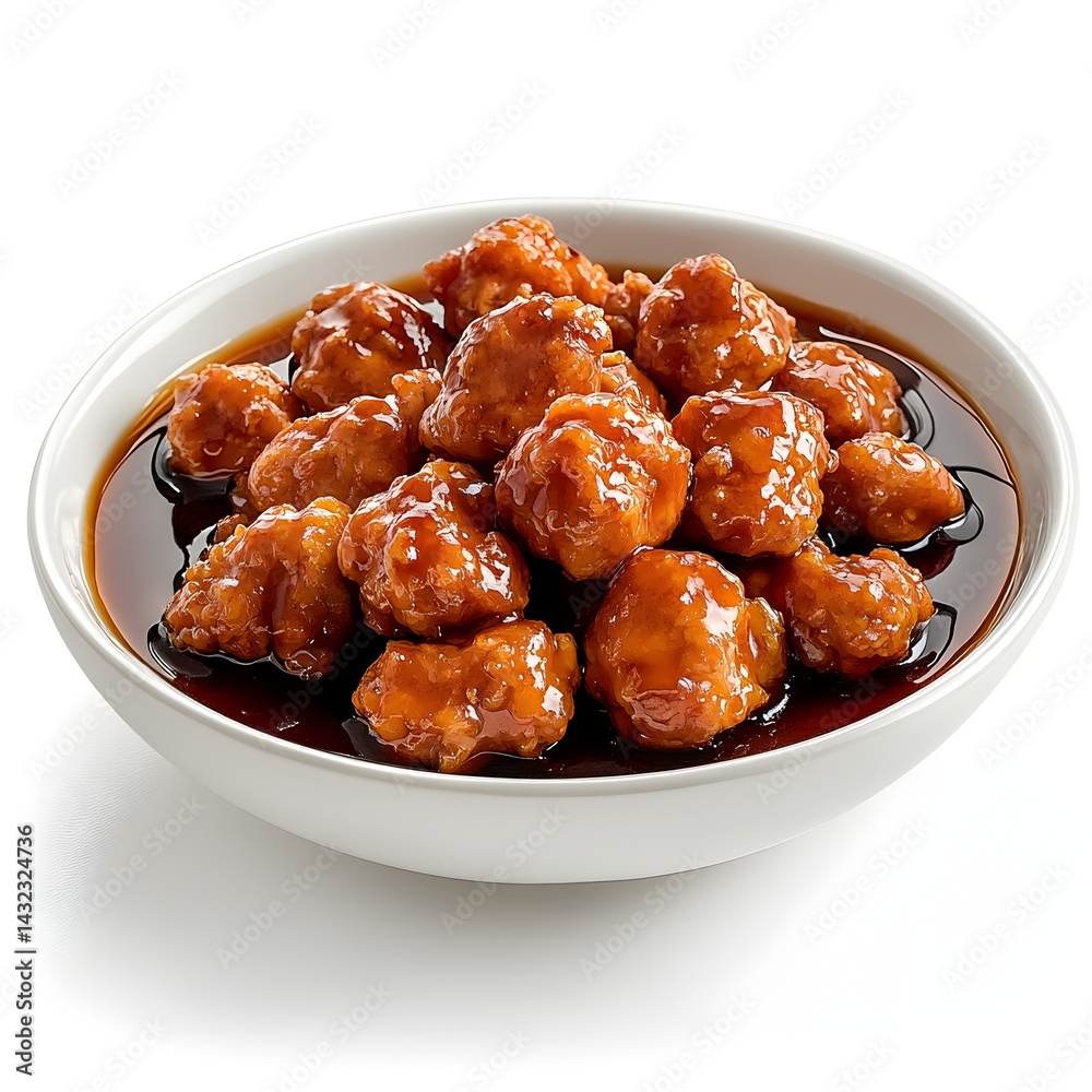 A delicious bowl of sweet and sour chicken is presented in a pristine white bowl against a pure white background. A delicious bowl of sweet and sour chicken is presented in a pristine white bowl against a pure white background.
