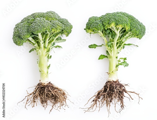 Two fresh broccoli heads with roots photo