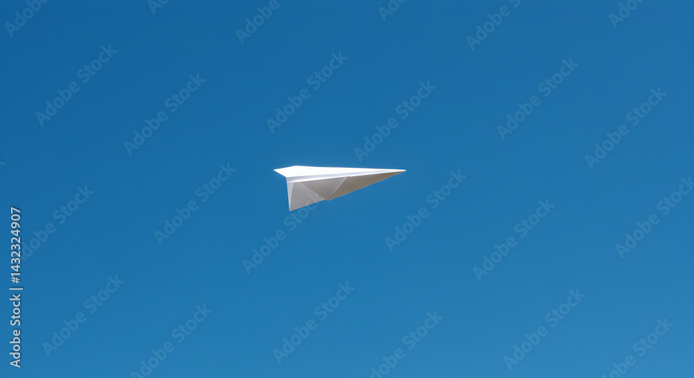 Fototapeta premium White Paper Plane Soaring Against Azure Blue Sky Background