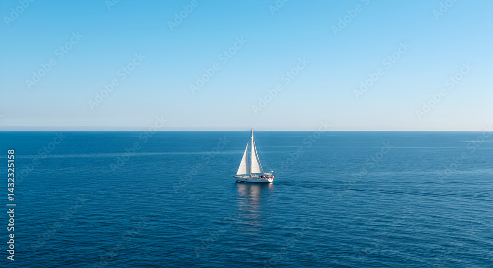 Obraz premium Sailboat Gliding In Serene Deep Blue Sea Under Clear Skyline