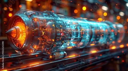 Futuristic turbofan engine rotating with holographic effect in blue and orange as digital twin  HD 8K wallpaper Photographic Image
