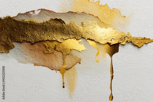 Gold luxury ink and watercolor textures on white paper background. Paint leaks and ombre effects. Textured gold abstract painting. Luxurious golden abstract art. Abstract gold art. Dripping gold paint