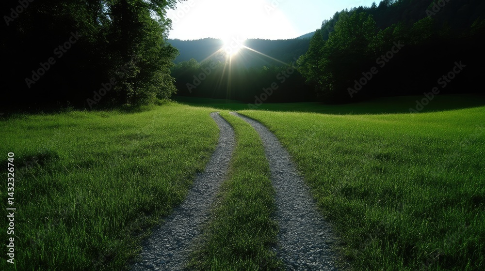 Fototapeta premium Sunlit path through a verdant valley