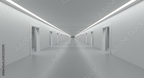 Immerse yourself empty white gray architectural interior featuring infinite expanse open doors creating endless corridor doorways symbolic walkaway labyrinth representing moving forward exploring