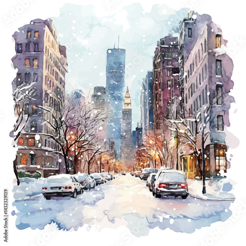 illustration of City Streets Covered In Snow, watercolor vector, isolated on a white background.