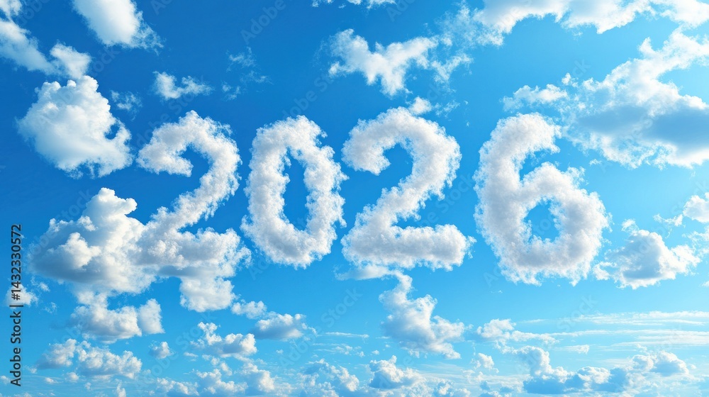 Clouds forming the year 2026 in a vibrant blue sky