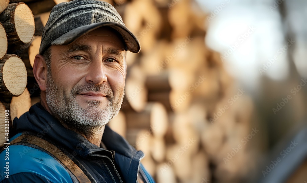 Mature bearded man in baseball cap and blue vest smiling confidently while standing near stacked firewood logs outdoors, representing active lifestyle and manual labor. Mature bearded man in baseball cap and blue vest smiling confidently while standing near stacked firewood logs outdoors, representing active lifestyle and manual labor.