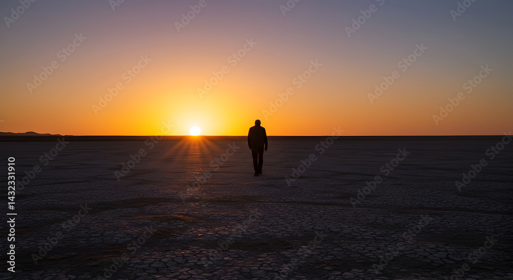 Fototapeta premium Contemplative Stroll Silhouetted Against Dramatic Desert Sunset Setting in the Distance