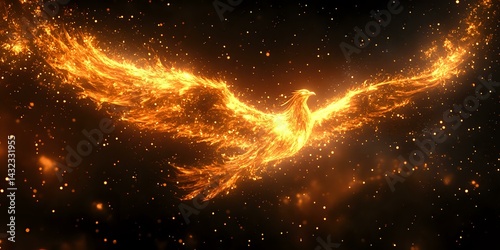 Majestic phoenix rising with glowing fiery wings spread against dark starry background, burning embers and magical sparks illuminating mystical creature in flight.