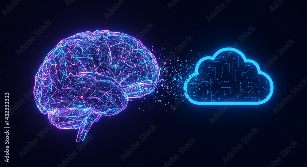 A digital brain made of glowing lines and polygons, slowly transforming into a cloud icon, concept of AI cloud computing A digital brain made of glowing lines and polygons, slowly transforming into a cloud icon, concept of AI cloud computing