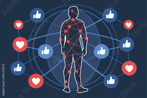 A person trapped amidst a chaotic tangle of social media logos, illustrating the overwhelming nature of online connectivity and its potential for addiction.
