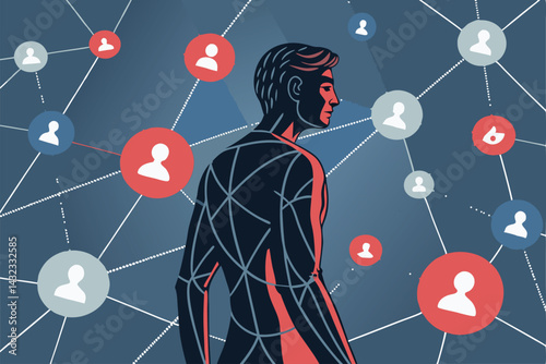 A person trapped within a chaotic tangle of interconnected social media icons;  depicting the overwhelming nature of online connectivity.