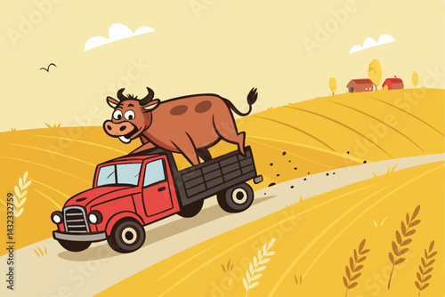 Hilarious animated cow breaks free from a farm truck during Eid celebrations.  Create a vibrant, funny illustration.