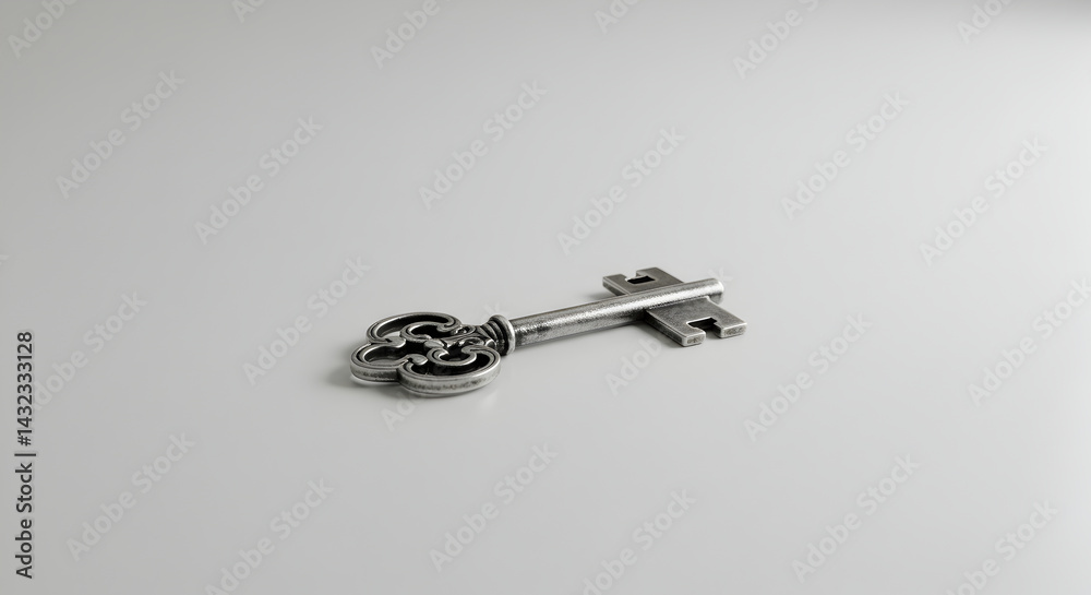 Ornamental Key On White Table Surface Representing Concepts Of Safety Ornamental Key On White Table Surface Representing Concepts Of Safety