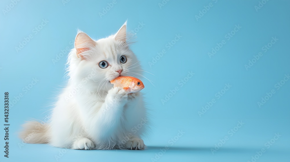 Fluffy White Cat Holding Toy Fish on Blue Background Fluffy White Cat Holding Toy Fish on Blue Background