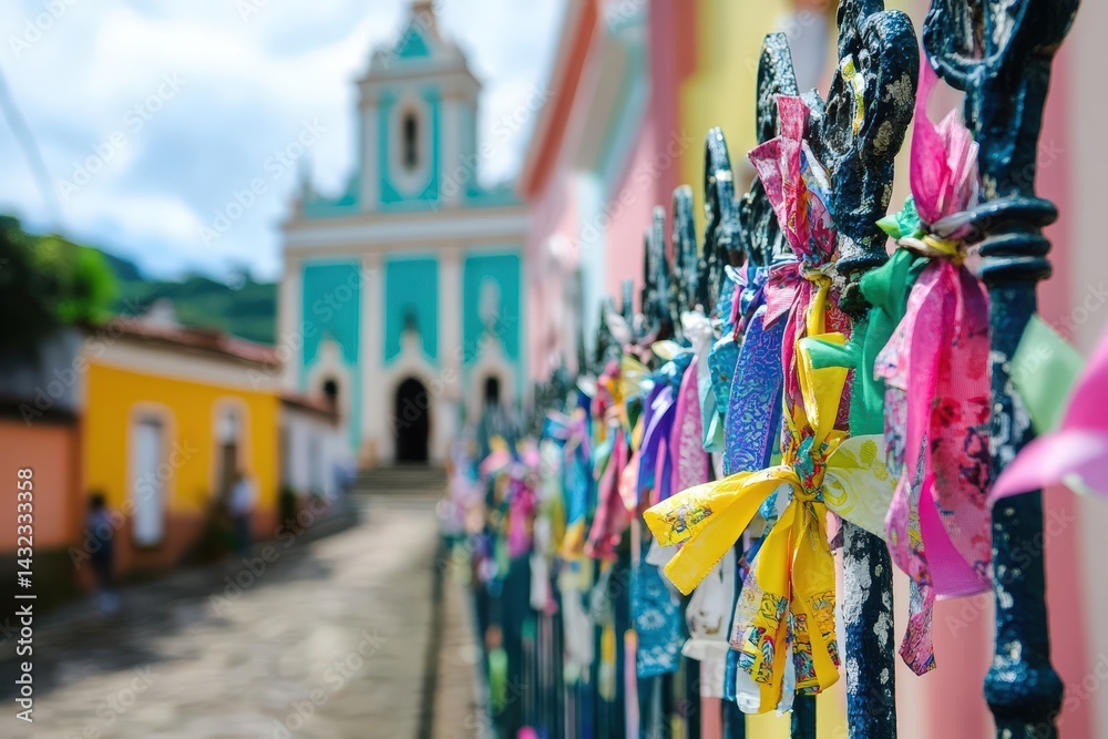 Obraz premium Colorful ribbons tied to church fence in Salvador Brazil