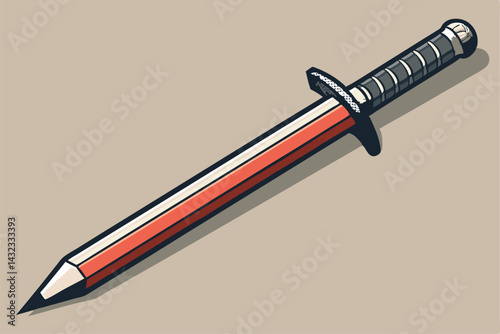 Create a digital painting of a pencil sharpened into a sword, positioned dramatically; text overlay reading "Over War," stylized with bold lettering.  Background should suggest a battlefield.