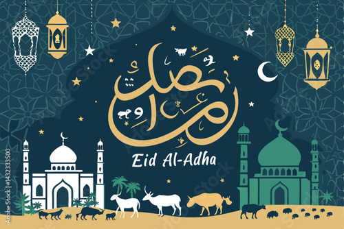 Intricate Arabic calligraphy celebrating Eid al-Adha, featuring a detailed illustration of a cow seamlessly integrated within the script.