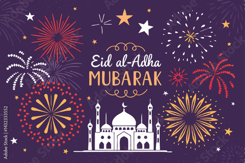 Vibrant fireworks illuminate an elegant calligraphy rendering of "Eid Al Adha Mubarak" in Arabic script.  A celebratory design perfect for greeting cards.